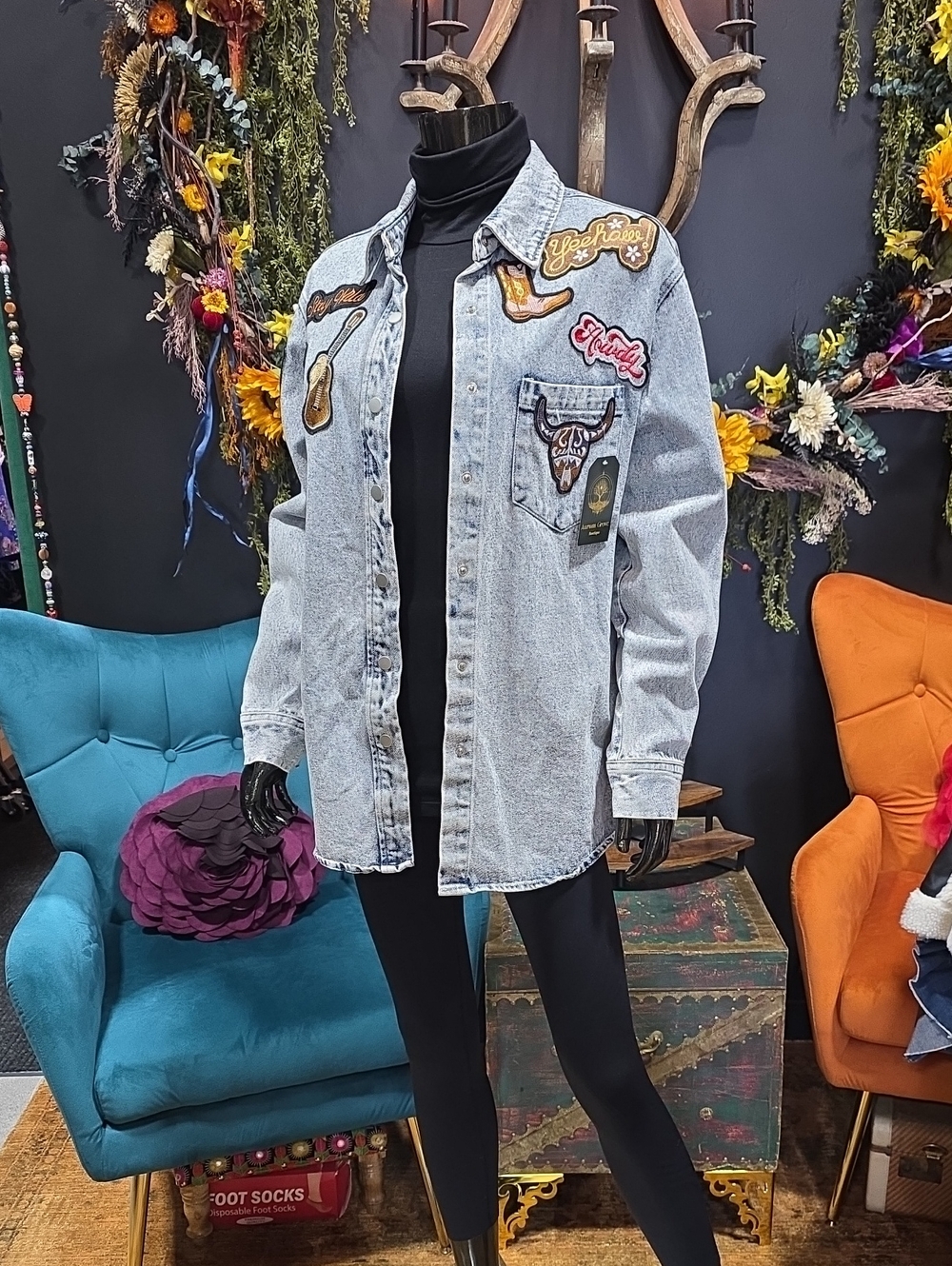Blue B Light Acid Wash Denim Patchwork Shirt Jacket
